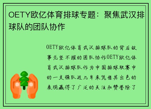 OETY欧亿体育排球专题：聚焦武汉排球队的团队协作