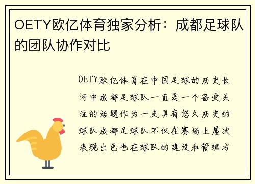 OETY欧亿体育独家分析：成都足球队的团队协作对比