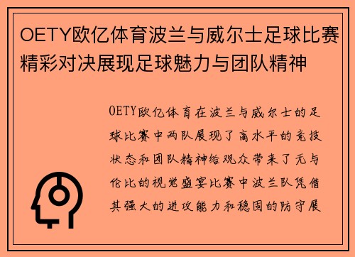 OETY欧亿体育波兰与威尔士足球比赛精彩对决展现足球魅力与团队精神
