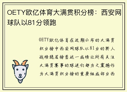 OETY欧亿体育大满贯积分榜：西安网球队以81分领跑