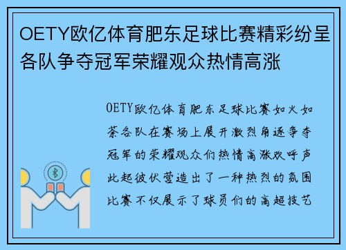 OETY欧亿体育肥东足球比赛精彩纷呈各队争夺冠军荣耀观众热情高涨