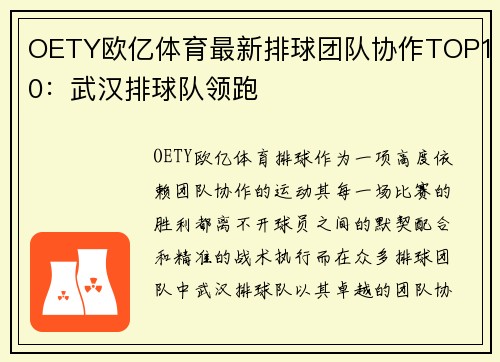 OETY欧亿体育最新排球团队协作TOP10：武汉排球队领跑